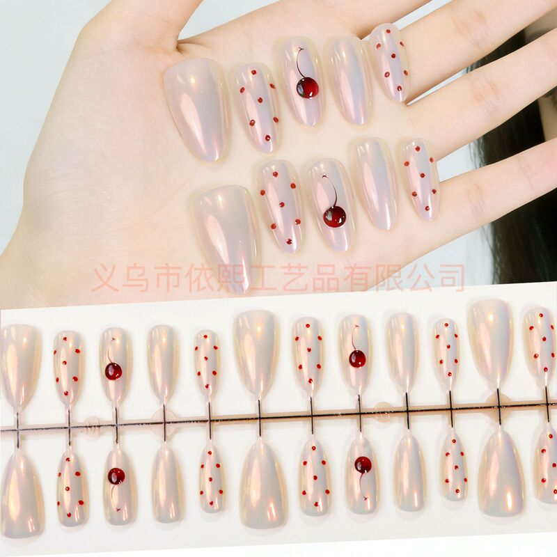 Autumn and Winter Vibe Cherry Girl Heart Cat-Eye Style Pre-Made Nail Tips in Cream Color That Enhance Complexion, Nail Stickers