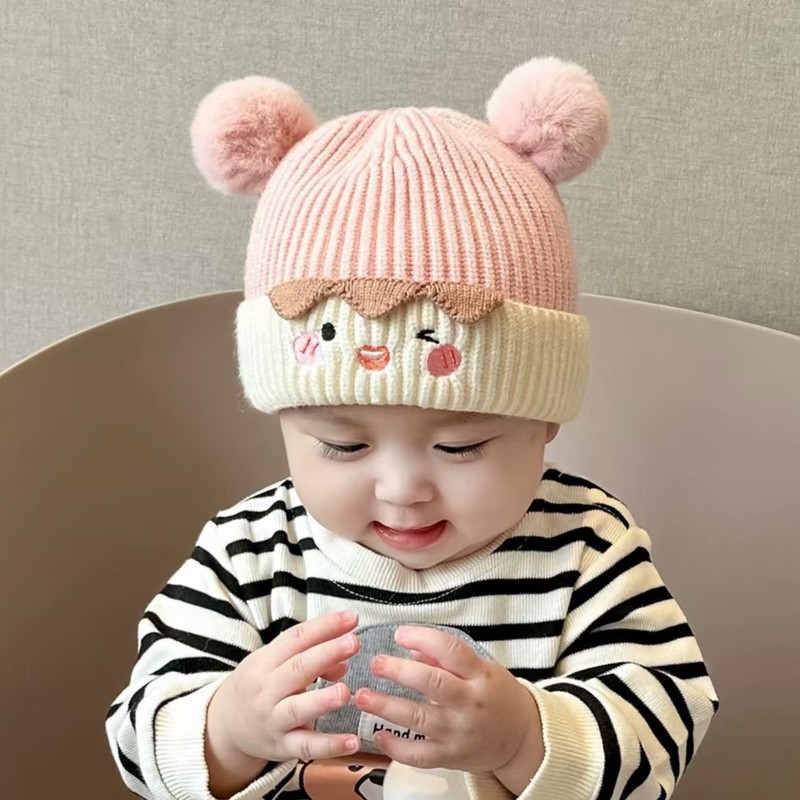 宝宝帽子秋冬季可爱毛球套头帽婴幼儿针织毛线加厚护耳男女超萌潮|undefined