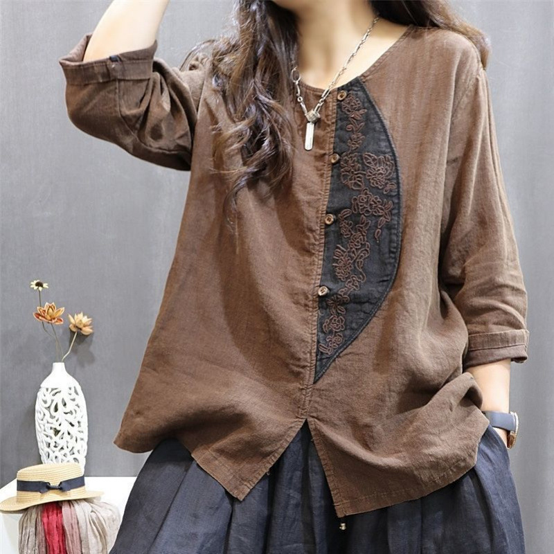 Vintage Artistic Cotton Linen Loose Casual Long Sleeve Shirt for Women, New Spring/Summer/Autumn Loose Plus Size T-Shirt Outerwear