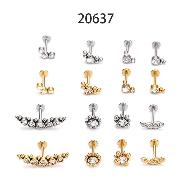 Leaf, Round Pattern Unisex Gender Fashion Leaf Round Stainless Steel Inlaid Zircon Eyebrow Nails Ear Studs 1 Piece