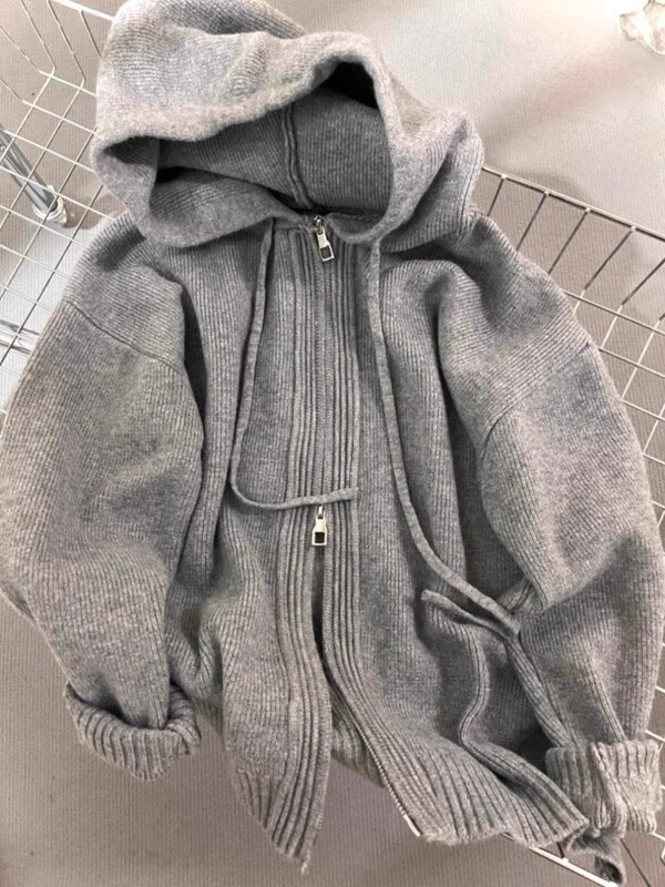 灰色连帽毛衣外套女宽松春秋冬外搭慵懒风加厚针织双拉链卫衣开衫|undefined