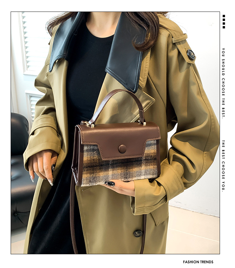 The textured color-blocking small square bag for the 2024 autumn and winter season features a cute checkered handbag with a niche design and a patchwork styling crossbody bag details Picture