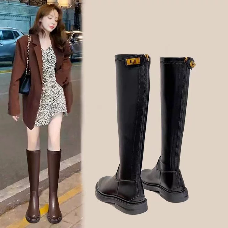 Сапоги женские осенне-зимние сапоги Женские на толстых ножках 2023 новые, но до колен рыцарские сапоги с золотой пряжкой коричневые сапоги