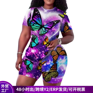 2026欧码大码短衣短裤女夏TEMU爆款外贸休闲3d数码印花宽松两件套