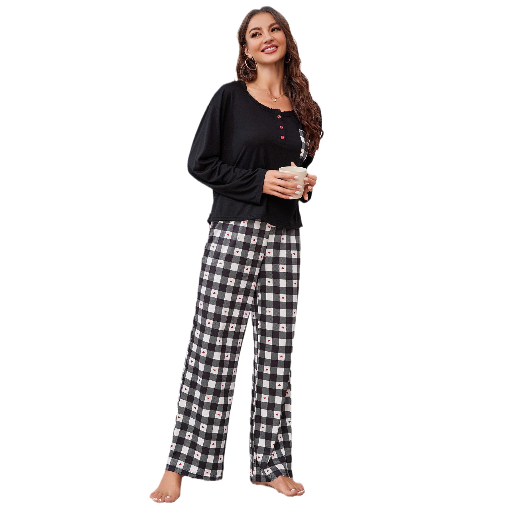 Sleepwear for women, spring and autumn checkered long sleeved cardigan, two-piece home suit_voghion.com