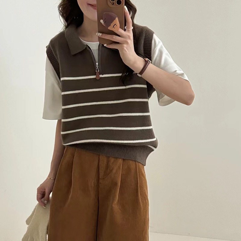 学院风半拉链条纹翻领针织马甲女2025年秋冬叠穿软糯显瘦毛衣背心|undefined