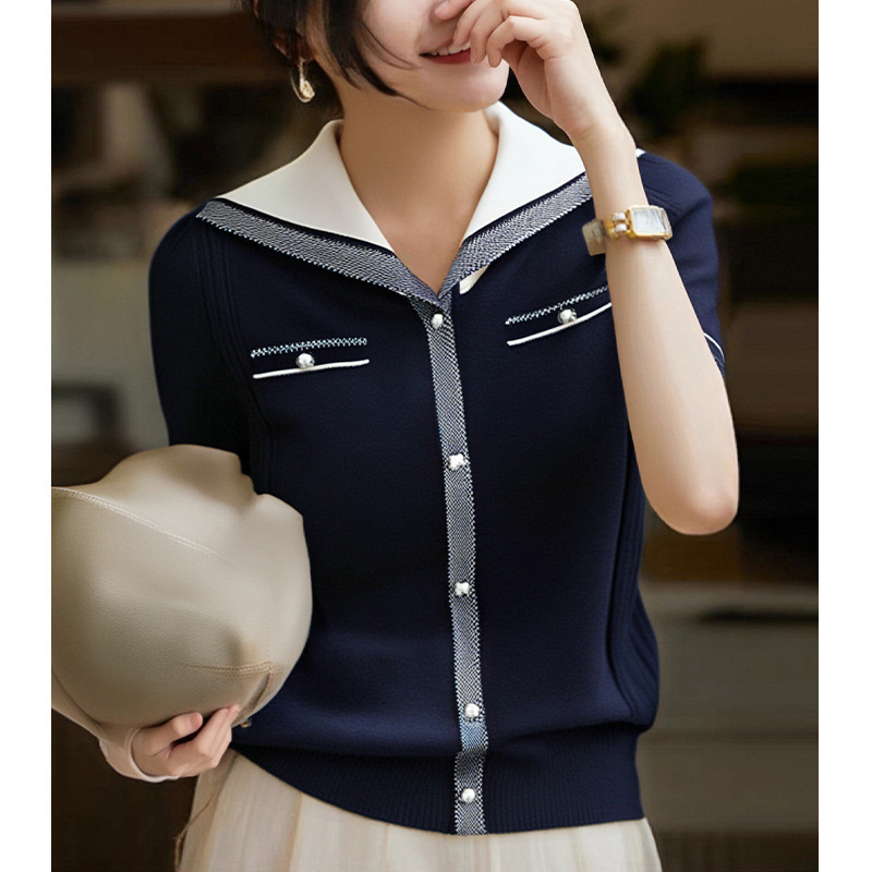 This Year's Trendy Color-Blocked Navy Collar Short-Sleeve Knit Top for Women, 2026 Summer New Stylish Ice Silk Blouse