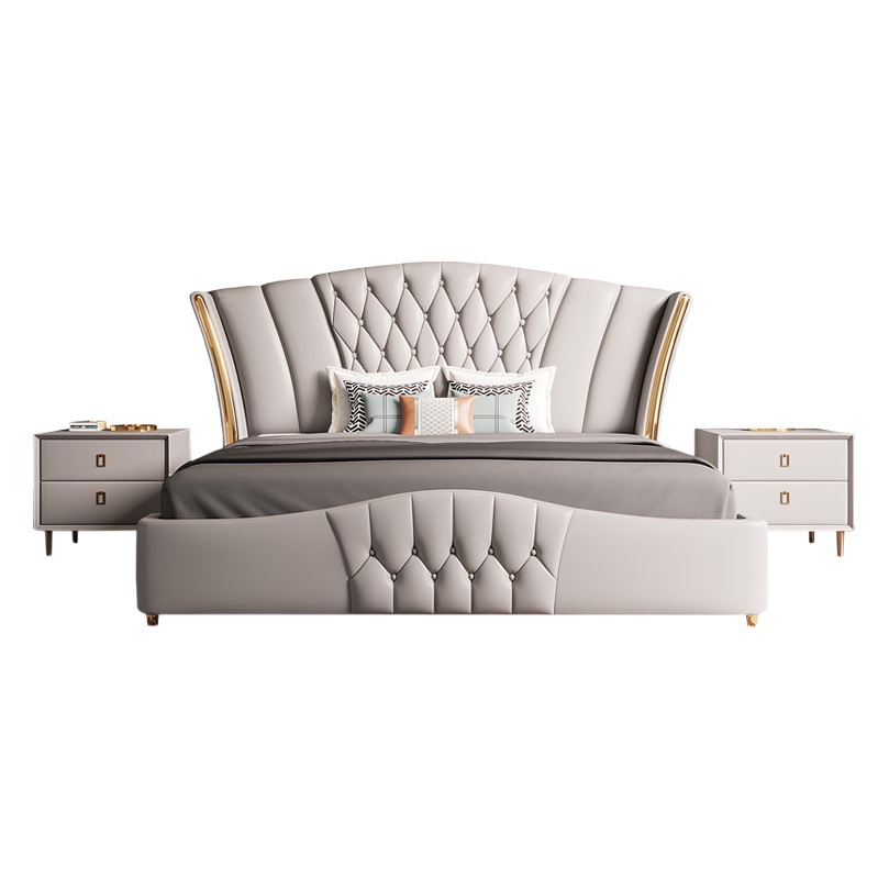 Italiano de lujo de cuero real cama de la boda 1,8 m dormitorio principal moderno de lujo simple Cama grande bolsa suave cama doble diseñador