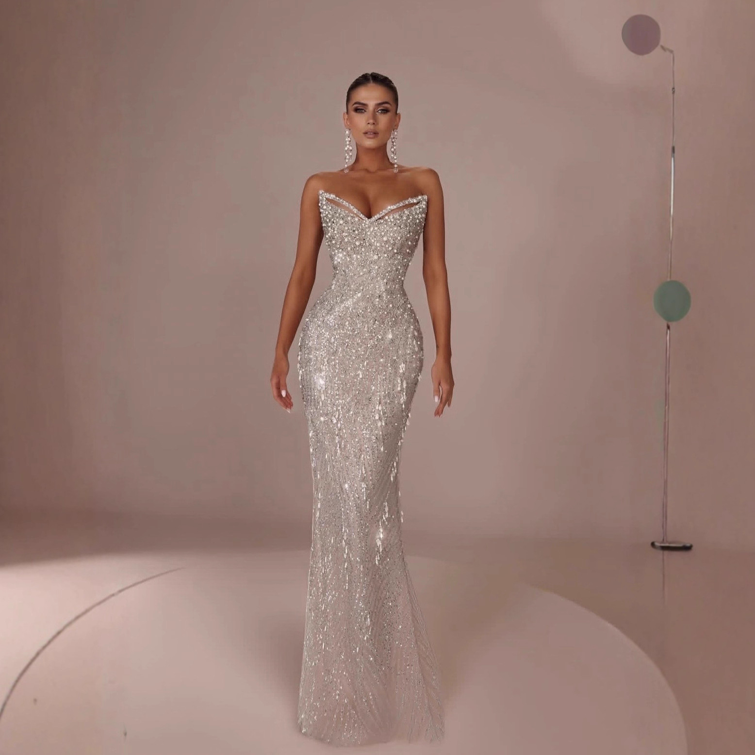 European and American Foreign Trade Independent Station New Style Strapless White Pearl Mesh Sequin Bodycon Sexy Annual Meeting Host Evening Dress