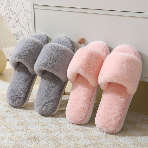  cross-border autumn and winter new style imitation rabbit fur women's one-piece home cotton slippers thick-soled warm indoor slippers