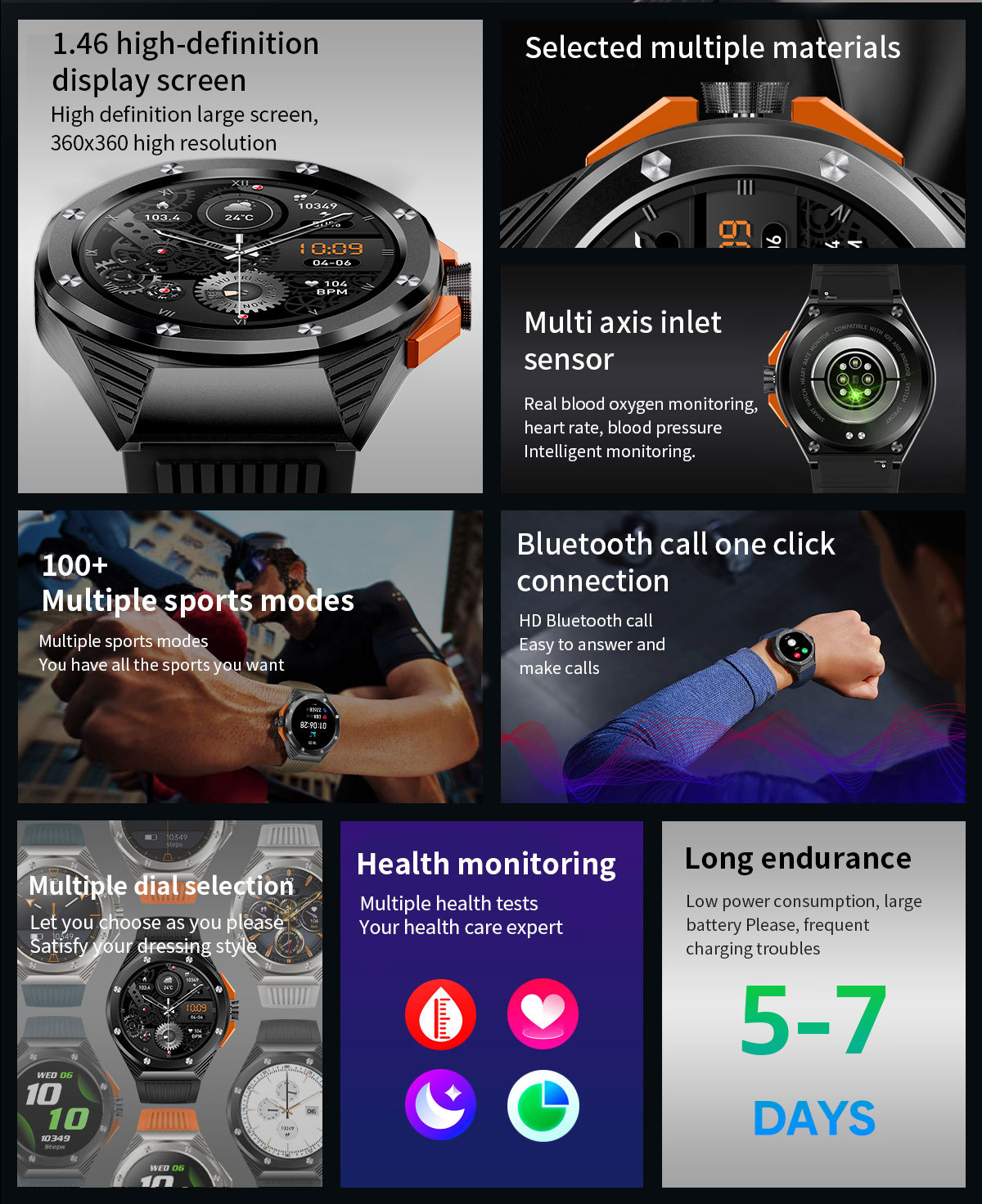 Reloj inteligente HT8 de 1,46 pulgadas con llamadas Bluetooth y codificador cardíaco_voghion.com