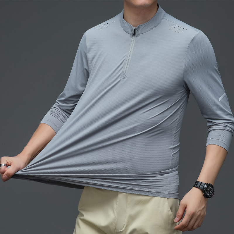 Ice Silk Quick-Drying Long-Sleeved T-Shirt for Men in Spring and Summer, Thin Trendy Half-Zip Top, Running Sports Elastic T-Shirt