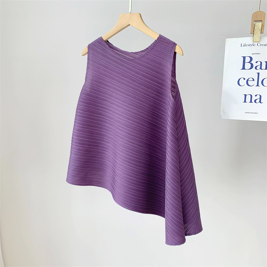 三宅流プリーツトップス レディース イレギュラーTシャツ ラウンドネック ノースリーブ ニッチ 快適 カジュアル ファッション 多用途