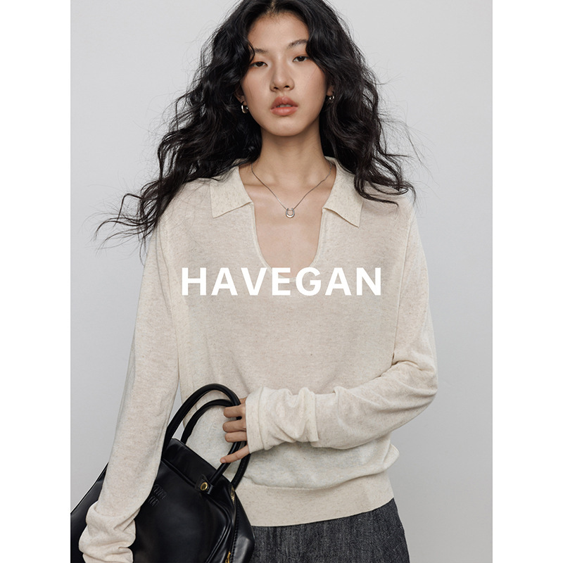 与间HAVEGAN/秋季天丝亚麻长袖防晒针织T恤女翻领老钱风休闲上衣|undefined