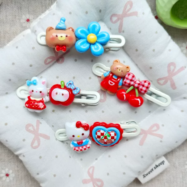 Cute Bear Cherry Duckbill Clip Ins-Style Girly Hairpin Sweet Cat Heart Side Bangs Clip Cartoon Hair Accessory
