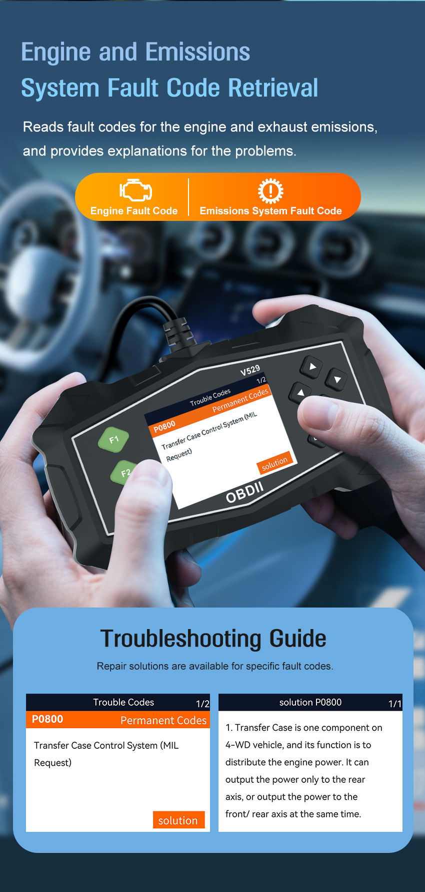 V529 car diagnostic tool OBD fault diagnosis decoder code reader car repair tool fault code clear tool