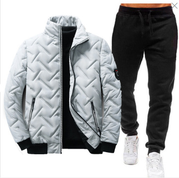 Chaqueta de algodón con cuello de pie para hombre transfronterizo + traje de pantalón Chaqueta de algodón cálido engrosada de invierno chaqueta de abajo conjunto de dos piezas casual ahora