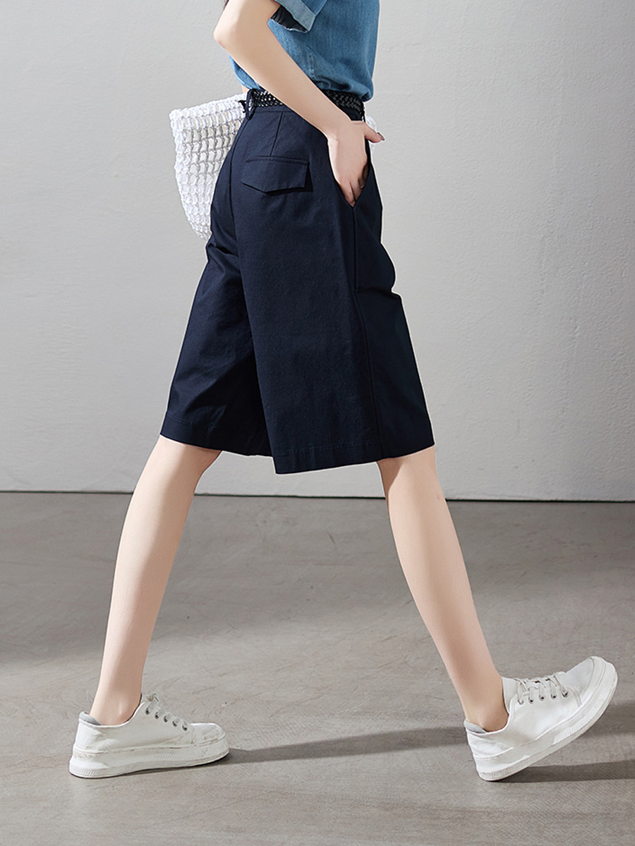 Quần short nữ cạp cao ống rộng chữ A dáng suông mùa hè — Màu be, Màu xanh navy