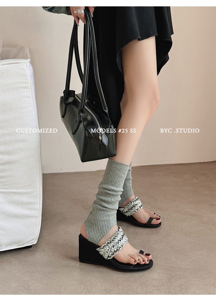 Dép xỏ ngón đế xuồng cao gót đính đá kiểu Pháp, hở mũi, dệt kim, mùa hè — Màu đen chi tiết 11