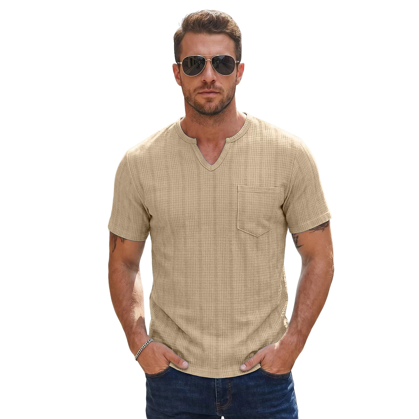 Transfronterizo Amazon hombre de verano imitación de lino de cuello V camiseta de color sólido europea y americana transpirable gran tejido americano de manga corta