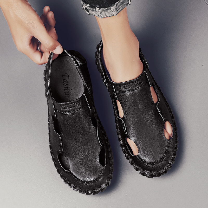 Sandalias transfronterizas más tamaño sandalias de los hombres verano nuevo al aire libre suave inferior casual estilo cerrado toe zapatos de piel de vaca de los hombres para la entrega