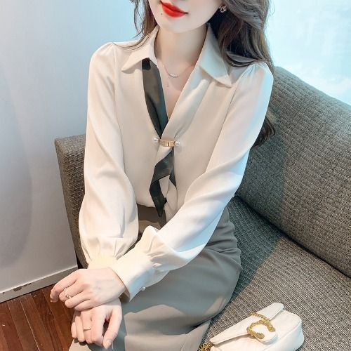 High-end sense new chiffon shirt fashion professional all-match tie top women's niche v-neck long sleeve shirt spring
