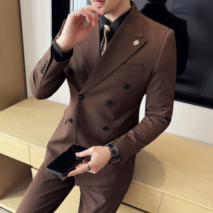 Business New Double-Breasted Formal Men's Wool Casual Suit Korean Style Slim Thickened Suit Three-Piece Set