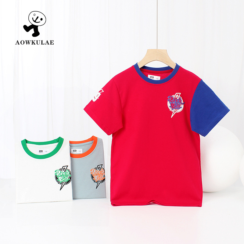Ropa de verano de estilo coreano para niños Camiseta de manga corta para niños nuevos Camisa de algodón de color de contraste de moda para niños medianos y grandes al por mayor de manga corta para niños