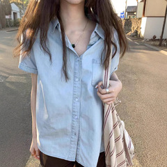 ピュアコットンウォッシュブルー半袖デニムシャツ夏ニッチレトロカジュアル薄手ジャケット女性