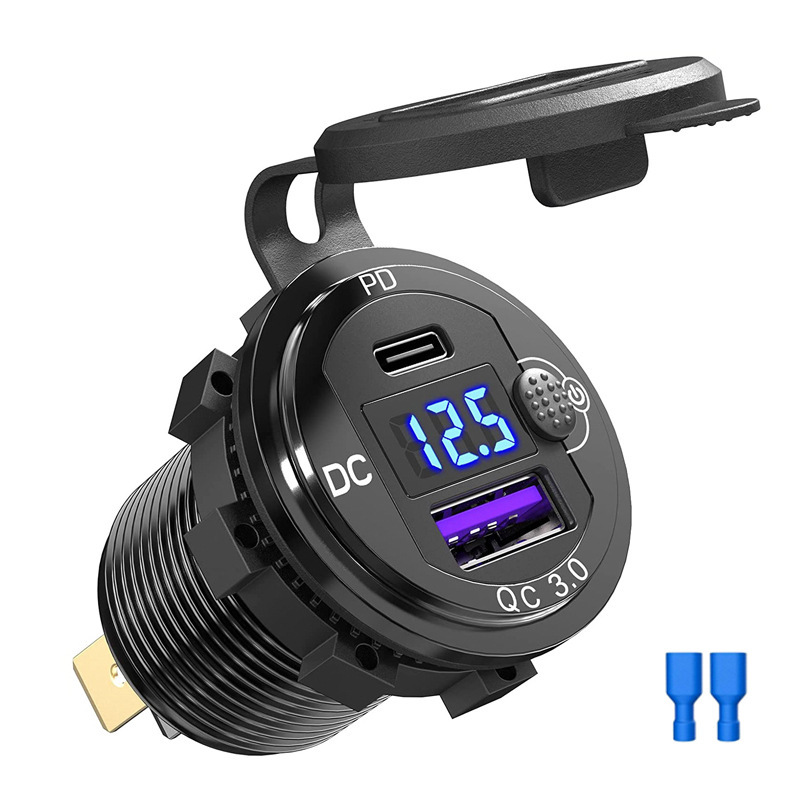 12V/24V fast charging aluminum PD and QC3.0USB charger socket adapter with LED switch voltmeter