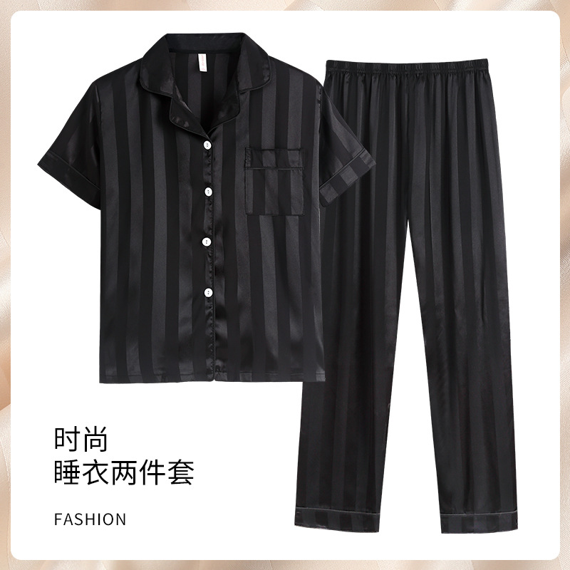 Net rojo estilo a rayas pijamas de los hombres de primavera y otoño de seda de hielo de verano de manga corta traje de tres piezas de seda real delgada ropa exterior desgaste del hogar