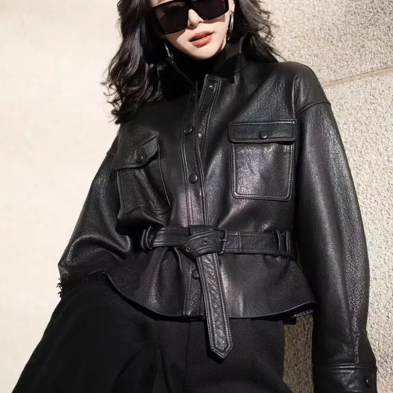 Haining Korean Style High-End Fashion Bubble Protein Leather Song Jia Same Style Jacket for Women 2025 New Style Waist Slimming Look