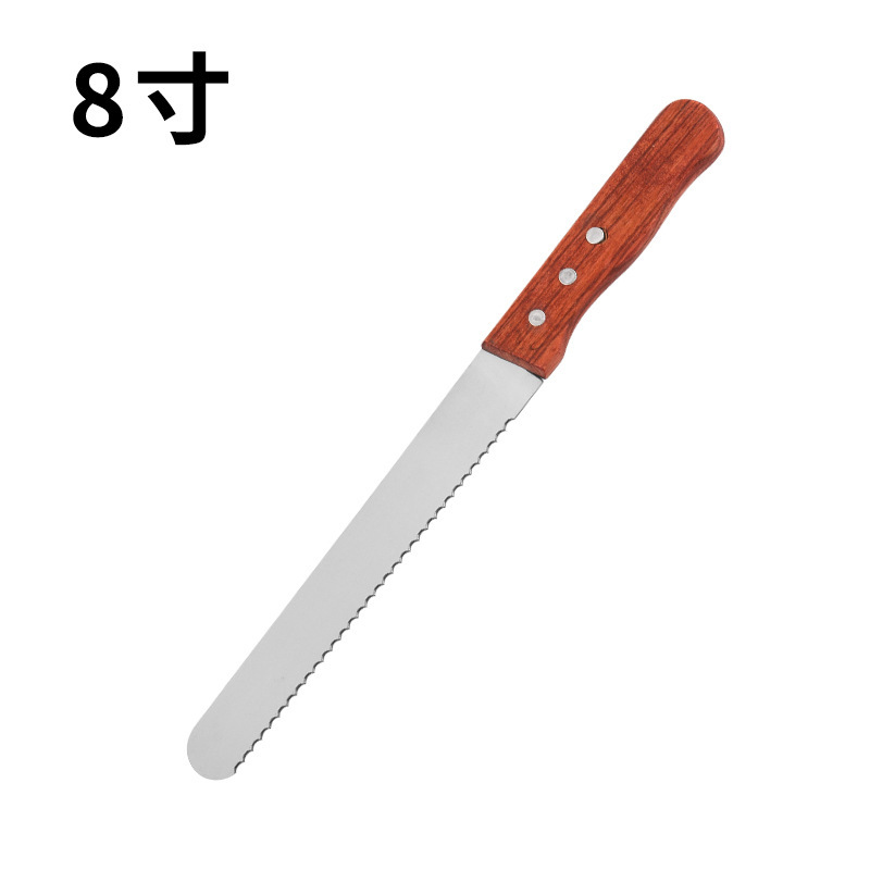 Cuchillo de pan de acero inoxidable con mango de madera al por mayor 8 pulgadas 10 pulgadas 12 pulgadas cortador de horneado dentado tostado espátula de pastel de crema