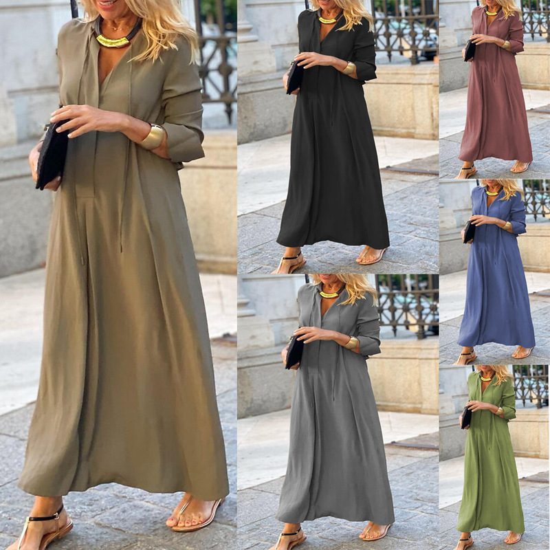 European and American Cross-Border New Style Flared Skirt, Solid Color Lapel Long-Sleeve Simple Casual Long Shirt Dress with High Waist