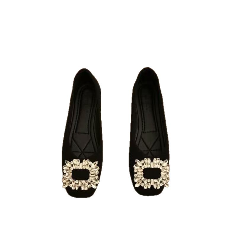 Zapatos de mujer de cabeza cuadrada con base plana 2026 primavera y otoño nuevo diamante rojo en línea botón cuadrado de botón poco profundo zapatos de marioneta zapatos de gran tamaño zapatos de mujer