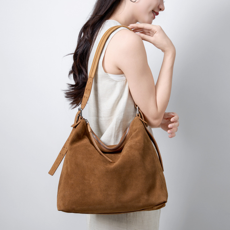 Suede Large Capacity Crossbody Bag For Women, Luxury Commuter Shoulder Bag, Casual Underarm Top Grain Cowhide Tote Bag - Thumbnail 3