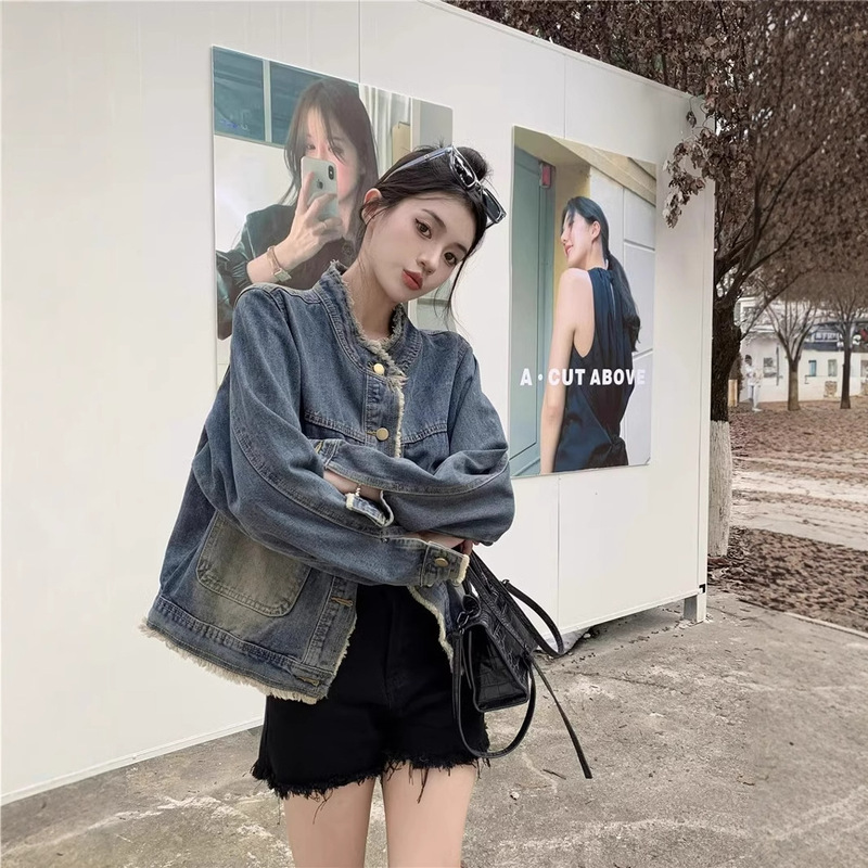 Vintage Design Sense Denim Coat Women's Spring and Autumn Short Loose Slimming Elegant Top Collar Jacket
