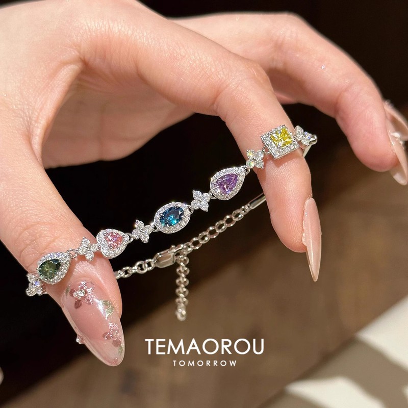 女性用のカラフルな宝石がちりばめられた絶妙なブレスレット、軽い豪華なスタイル、ニッチなハイエンドブレスレット、パーソナライズされた多用途の気質ハンドジュエリー|undefined