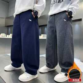男童冬季一体加绒裤子2025新款儿童秋冬款加厚中大童运动弯刀卫裤