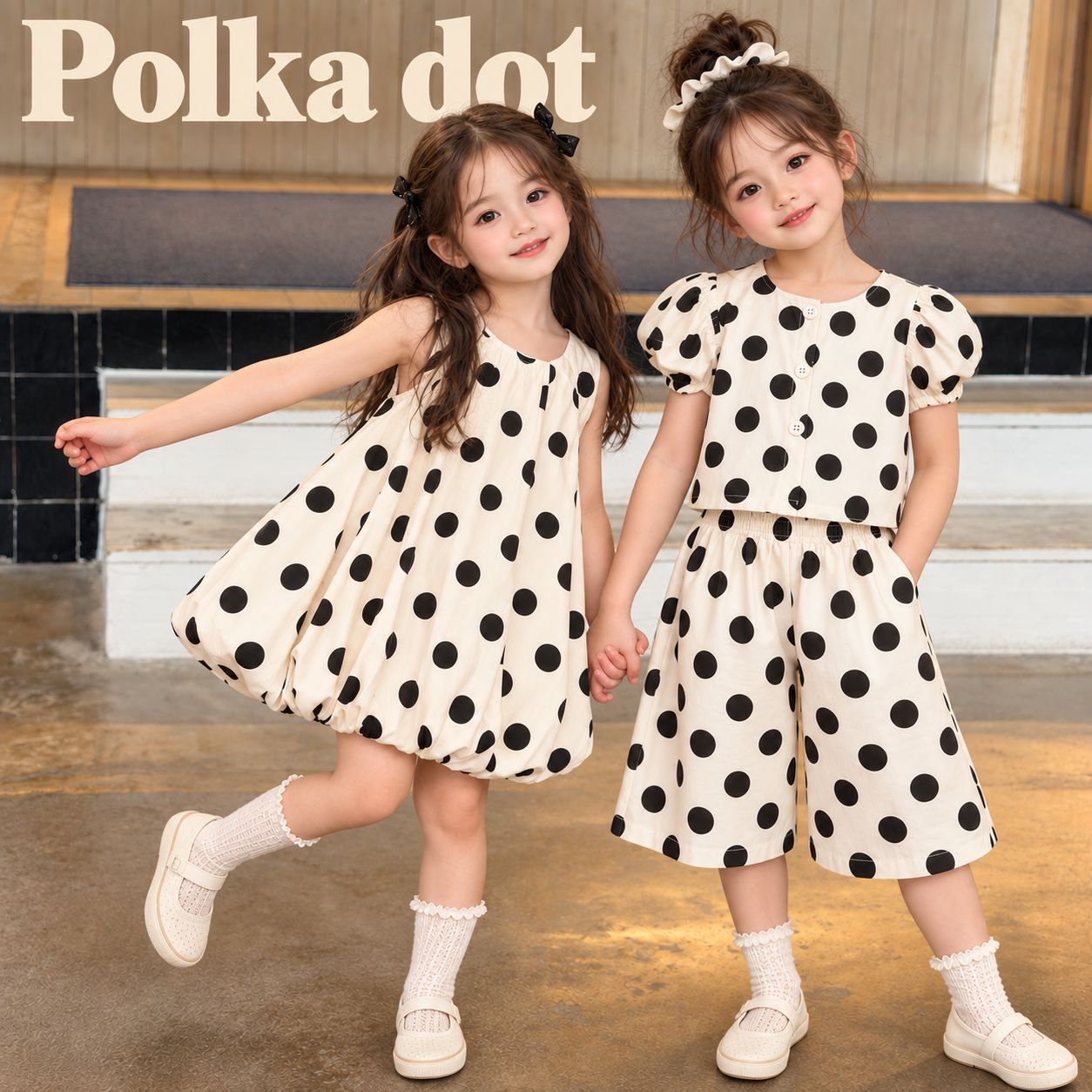 Jella Children's Clothing Girls' Polka Dot Set 2026 Summer New Korean Style Short-Sleeved Top and Wide-Leg Pants Two-Piece Set