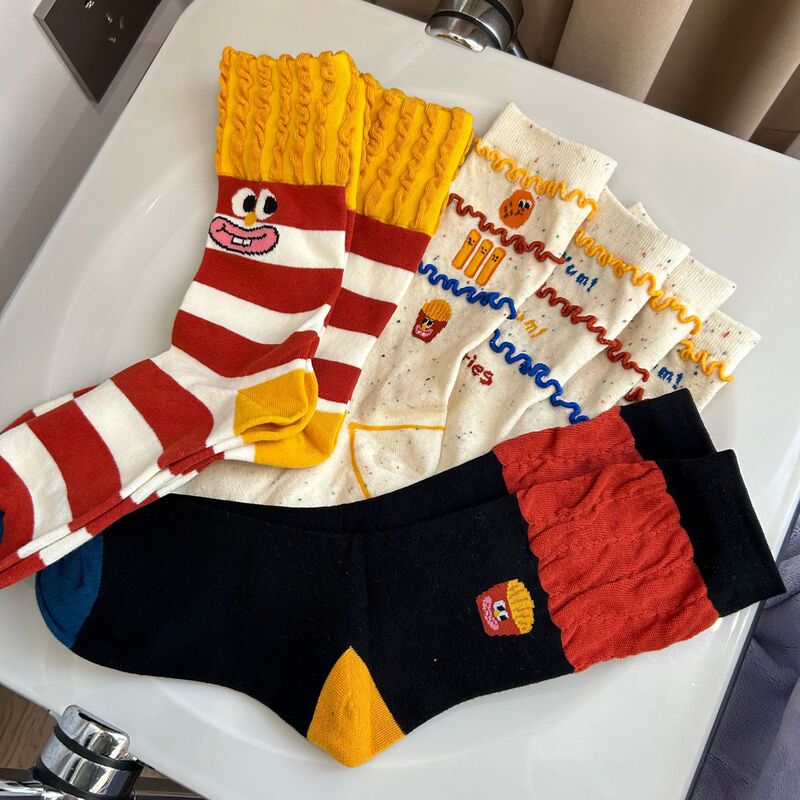 South Korea Dongdaemun socks women's spring and summer hamburger French fries mid-calf length socks cute cartoon striped Japanese style pile stockings