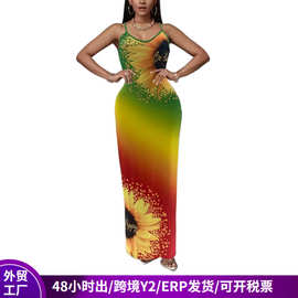 2026春季新款无袖套头吊带裙女欧美时尚百搭修身3d印花长款连衣裙