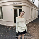 韩系一字肩纯欲风露肩上衣仿水貂白色毛衣女修身显瘦秋冬新款打底