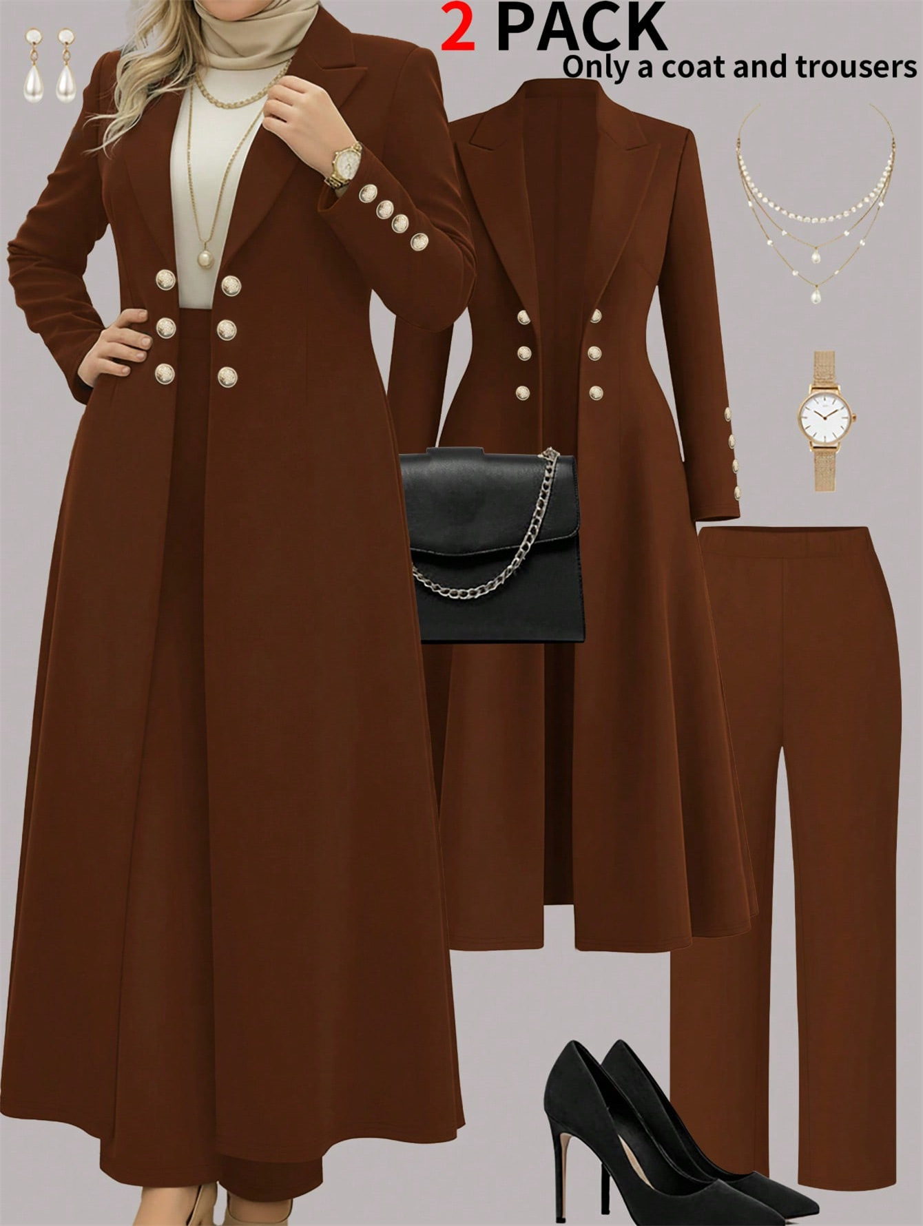 Plus Size Elegant Retro Style Suit Coat Casual Straight Leg Trousers Waist Cinching Long Coat Set_ecoleips.com