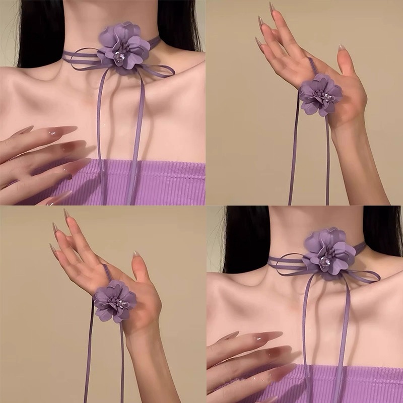 French-Style Sweet Fabric Floral Tassel Strap Necklace for Women with Floral Earrings and Side Clip Design, Niche Accessory Set