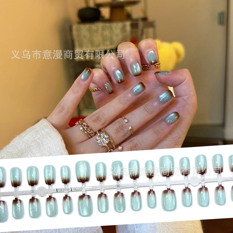 Tiktok Trending Blue-Green-Brown Wearable Nails Ins Dazzling Korean Cat-Eye Nail Stickers with an Atmospheric Autumn-Winter Vibe