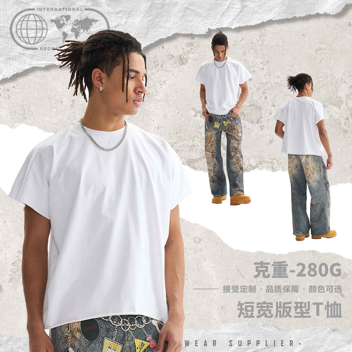 ETAI Hombre| Algodón de alta calidad boxy camiseta corta ancha marca de moda masculina pesada en un lado suelto estilo de color sólido manga corta