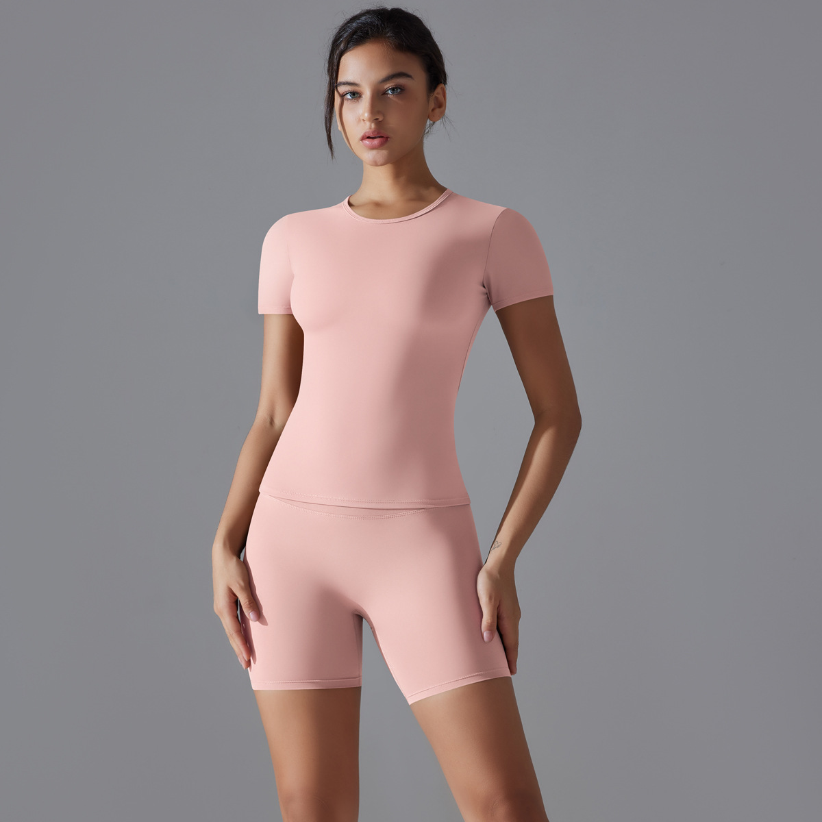 Nueva ropa de yoga de secado rápido de nailon de doble cara de primavera, traje de fitness de manga corta, deportes de carrera al aire libre, traje de dos piezas para mujer