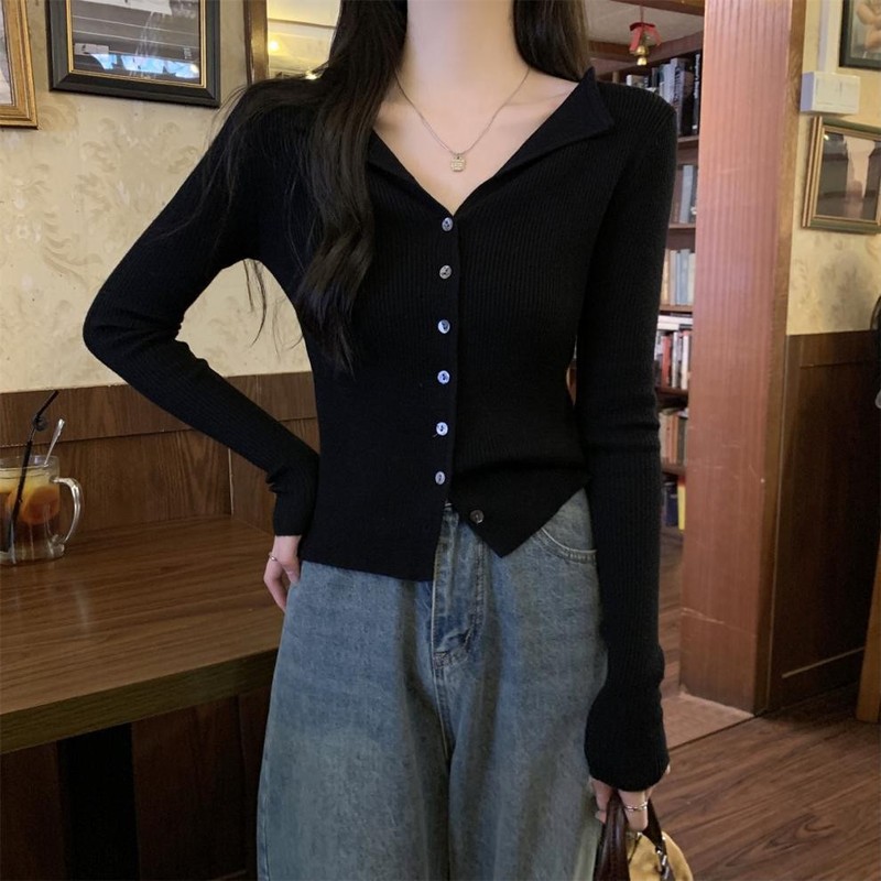 Lapel Knitted Cardigan for Women 2025 Spring New Women's Clothing Slim Fit V Neck Bottoming Sweater Short Top for Women