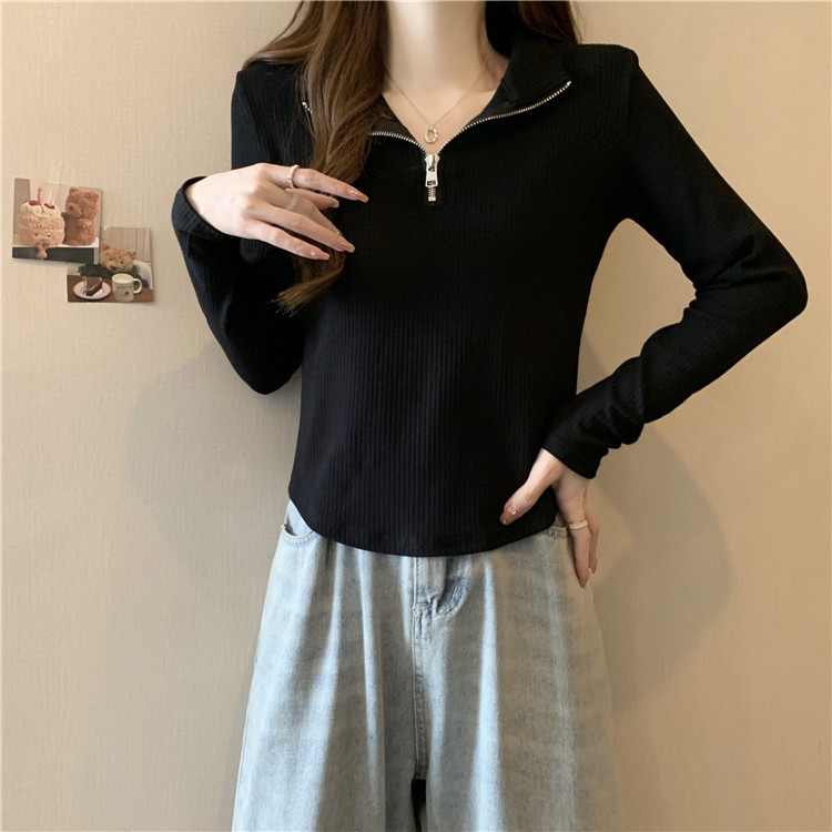 长袖polo领t恤女2025新款秋季大码胖m修身打底显瘦不规则短款上衣|undefined